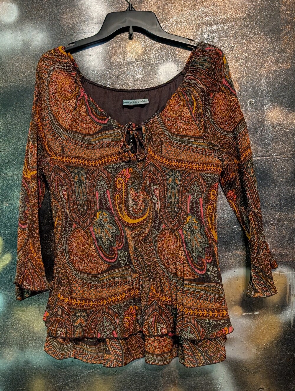 Signature by Larry Levine Brown Multi Paisley Tie-Front Peasant Top Vintage Styl